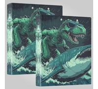 Raccoglitore a tre anelli da 2,5 cm e mezzo con dinosauro T-rex che naviga con squalo color foglia di tè con portablocco 1/2 per lettere (28 x 21,6 cm), 200 fogli, confezione da 2