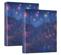 Raccoglitore a tre anelli da 3,8 cm, motivo città delle fiabe notturne con fuochi d'artificio con portablocco, 1/2 confezioni da 200 fogli, confezione da 2