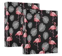 Raccoglitore a tre anelli nero con foglie tropicali grigie e fenicotteri, 3,8 cm, raccoglitore ad anelli a D con tasche, raccoglitore decorativo per scuola, università o ufficio (confezione da 2)