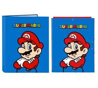 Raccoglitore Compatibile con Super Mario Blu 4 anelli per la scuola + Cartella con elastico + portachiave Mario o Luigi