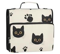 Raccoglitore con cerniera a 3 anelli, 3,8 cm, motivo zampa di gatto nero, beige, con tracolla, impermeabile, per scuola/ufficio