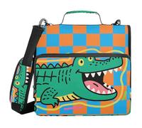 Raccoglitore con cerniera a 3 anelli a scacchi arancione a quadri con coccodrillo da 3,8 cm, con cinghia, portatile, ideale per la casa e i viaggi, adatto per le scuole medie