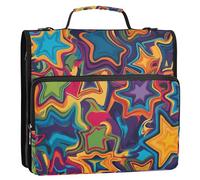 Raccoglitore con cerniera a 3 anelli con motivo a stelle colorate in stile pop art, con cinghia, facile da trasportare, portfolio portatile per la scuola