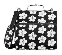 Raccoglitore con cerniera a 3 anelli con motivo floreale bianco e nero, 3 cm, con manico e tracolla rimovibile, tasche multiple, organizer per scuola e ufficio