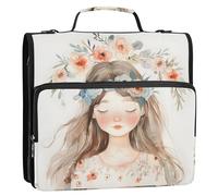 Raccoglitore con cerniera a 3 anelli con scritta "Sleeping Girl with Flower Wreath", con manico, tracolla, capacità di 500 fogli, multi-tasca, per scuola e ufficio
