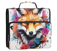 Raccoglitore con cerniera a 3 anelli con stampa floreale e volpe, con tracolla, multi tasche, grande cartella portfolio