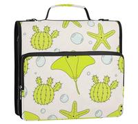 Raccoglitore con cerniera a 3 anelli con stella marina e cactus, verde bolle, 3,8 cm, con tracolla e manico, organizer per la scuola