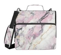 Raccoglitore con cerniera a 3 anelli con tracolla per la scuola, tasche multiple, organizer per documenti, marmo bianco e rosa con accenni di motivo nero e oro