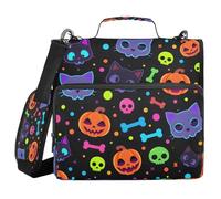 Raccoglitore con cerniera a 3 anelli con tracolla per la scuola, tasche multiple per documenti, organizer per riporre documenti, osso, zucca, scheletro, gatto, motivo