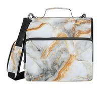 Raccoglitore con cerniera a 3 anelli con tracolla per la scuola, tasche multiple per documenti, organizer in marmo bianco con accenni di motivo nero e oro