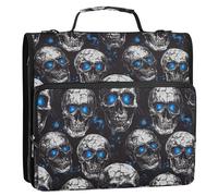 Raccoglitore con cerniera a 3 anelli da 3,8 cm, con tracolla, include tasca con cerniera, borsa organizer per documenti per scuola media, horror, teschio, occhi blu fluo