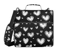 Raccoglitore con cerniera a 3 anelli per la festa del popolo in bianco e nero con amore romantico da 3,8 cm, con tracolla e manico, tasche multiple, organizer per scuola e ufficio