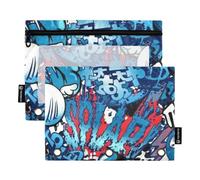 Raccoglitore con cerniera con finestra trasparente blu Dazzle Graffiti grande astuccio con cerniera occhielli rinforzati raccoglitore 3 anelli per riporre forniture scolastiche e ufficio, multicolore