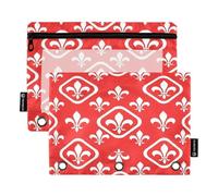 Raccoglitore con cerniera con finestra trasparente, confezione da 2 astucci a tre anelli per ragazze e bambini, materiale scolastico, 24 x 17 cm, bianco Fleur De Lis rosso brillante