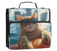 Raccoglitore con cerniera, divertente gatto Hoilday, 3 anelli, anelli a D, con tracolla, borsa per la scuola media, multi tasche, grande cartella portfolio