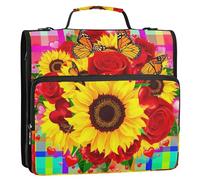 Raccoglitore con cerniera e 3 anelli con motivo a farfalla, girasole e rosa rossa, 3,8 cm, raccoglitore resistente con tracolla per la scuola, multi tasche, grande cartella portfolio