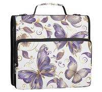 Raccoglitore floreale con farfalle viola e oro, con cerniera, 3,8 cm, 3 anelli, resistente borsa per la scuola, con tracolla, con manico