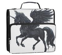 Raccoglitore in tessuto con cerniera da 3,8 cm, 3 anelli, resistente, con ali di cavallo Pegaso, colore nero e bianco, multi tasche, grande cartella per la scuola, con tracolla