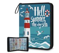 Raccoglitore per carte collezionabili, 9 tasche, 900 tasche, borsa portaoggetti a doppia faccia con maniche rimovibili, acquerelli con faro gabbiano a tema nautico, set di protezioni per album per