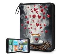 Raccoglitore per carte collezionabili con 4 tasche, 400 tasche, custodia per carte su entrambi i lati, con maniche rimovibili, tazza di caffè, chicchi di caffè, cuore, San Valentino, tema porta carte