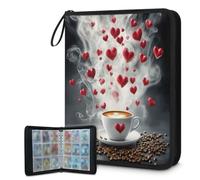 Raccoglitore per carte collezionabili con 4 tasche, 900 tasche, custodia per carte double-face con maniche rimovibili, tazza di caffè, chicchi di caffè, cuore, porta carte a tema San Valentino, set di