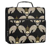 Raccoglitore professionale con cerniera, 3 raccoglitori ad anelli, 3,8 cm, con teschio e ali, colore nero, multi tasche, per scuola media, con cinturino