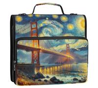 Raccoglitore professionale con cerniera da 3,8 cm a 3 anelli, resistente, Golden Gate Bridge Starry Night Portfolio e custodia ad anelli per scuola media con cinturino