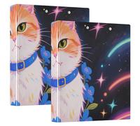 Raccoglitore rotondo da 3,8 cm con anelli fluorescenti al neon con gatto universo con copertura tascabile, confezione da 2 forniture per ufficio con copertina rigida