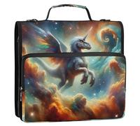Raccoglitore spaziale con cerniera, con 3 anelli da 3,8 cm, con motivo unicorno e dinosauro, per scuola media, con tracolla, multi tasche, grande cartella portadocumenti