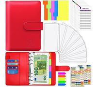 Raccoglitori ad anelli A6, raccoglitore per budget in pelle, busta per budget in PVC con tasche con cerniera, pianificatore per budget con pennarello, chiusura con fibbia magnetica (Rosso)