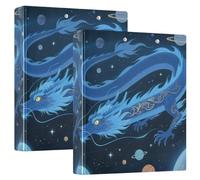 Raccoglitori ad anelli rotondi per quaderni, 3,8 cm, motivo: misterioso drago cinese in blu, con tasca e copertina rigida, confezione da 2