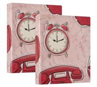 Raccoglitori per notebook da 1 e mezzo pollice Tre anelli Cuori Orologio Telefono Vino Rosso Cartone animato con tasche Confezione da 2 Forniture per Raccoglitore per ufficio Copertina rigida
