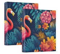 Raccoglitori per quaderni in stile bohémien con fenicottero e fiori dai colori vivaci da 1 e 1/2 pollici, tre anelli, con tasche interne, confezione da 2 raccoglitori da ufficio con copertina rigida