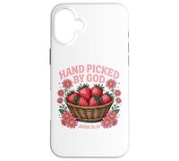 Raccolto a mano da Dio Carino Fragola Bibbia Verso Giovanni 15:16 Custodia per iPhone 16 Plus