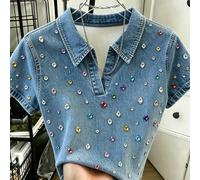 Raccomandazione più venduta, maglietta da donna con scollo a V anteriore, stile retrò americano dolce e fresco, con strass arcobaleno 3D, taglio corto e aderente, adatta per la scuola, l'uso quotidian