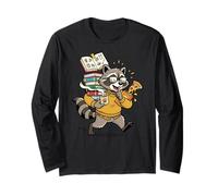 Raccoon Book Lover caffè e Libri Pizza Umorismo Maglia a Manica