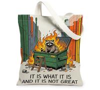 Raccoon Canvas Tote Bag per le donne, Urban Cartoonish Fire Dumpster Nessuno Verde Lavabile Riutilizzabile Piccola Borsa Tote Idee per Tra, Verde, 13x15 Inch
