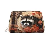 Raccoon in The Fall Tree Hole Print Leather Cosmetic Pouch, borsa per il trucco in pelle per borsa con chiusura superiore a zip elegante borsa da toilette, Oro, taglia unica