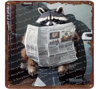 Raccoon Reading The Newspaper On Toilet pittura divertente da parete retrò targa in latta animale cartello in metallo per bagno bagno decorazione da parete rustico cartello per uomo grotta garage 30,5