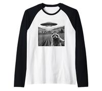 Raccoon Selfie con UFO Divertente Rapimento Alieno Meme Maglia con Maniche Raglan