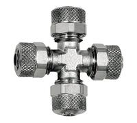 Raccordo a croce per tubo 5/3 mm, SW 8, pressione max. 18 bar, ottone nichelato