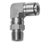 Raccordo a L girevole, R 1/2 a., per tubo esterno Ø 14 mm, pressione di lavoro max. 20 bar, acciaio inox 1.4404