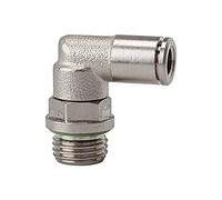 Raccordo a L metallico, girevole, M5 a., per tubo esterno Ø 6 mm, pressione di lavoro max. 16 bar, ottone nichelato