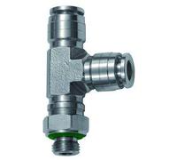 Raccordo a T girevole, forma a L, G 1/4 a., per tubo esterno Ø 8 mm, pressione di lavoro max. 20 bar, acciaio inox 1.4404