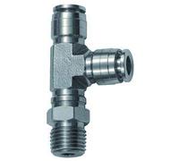 Raccordo a T girevole, forma a L, R 1/4 a., per tubo esterno Ø 6 mm, pressione di lavoro max. 20 bar, acciaio inox 1.4404