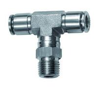 Raccordo a T girevole, R 1/4 a., per tubo esterno Ø 8 mm, pressione di lavoro max. 20 bar, acciaio inox 1.4404