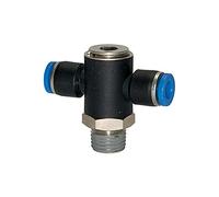 Raccordo a T "serie blu", girevole, R3/8 a., per tubo esterno Ø 10 mm, pressione di lavoro max. 15 bar, KS/MS vern, interno esagonale.