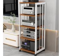 Rack HiFi a 5 livelli su ruote e moderno armadio Sto per giradischi e console di gioco, design adiuble bianco e teak, Slish & Functal Home Fur