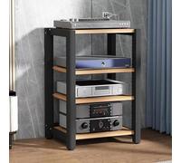 Rack HiFi con aperture per la gestione dei cavi, stile vintage, marrone e nero, perfetto per giradischi sistemi stereo, apparecchiature Hi Fi e router Wi Fi, elegante pelliccia audio