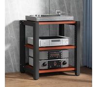 Rack HiFi con aperture per la gestione dei cavi, stile vintage, marrone e nero, perfetto per giradischi sistemi stereo, apparecchiature Hi Fi e router Wi Fi, elegante pelliccia audio